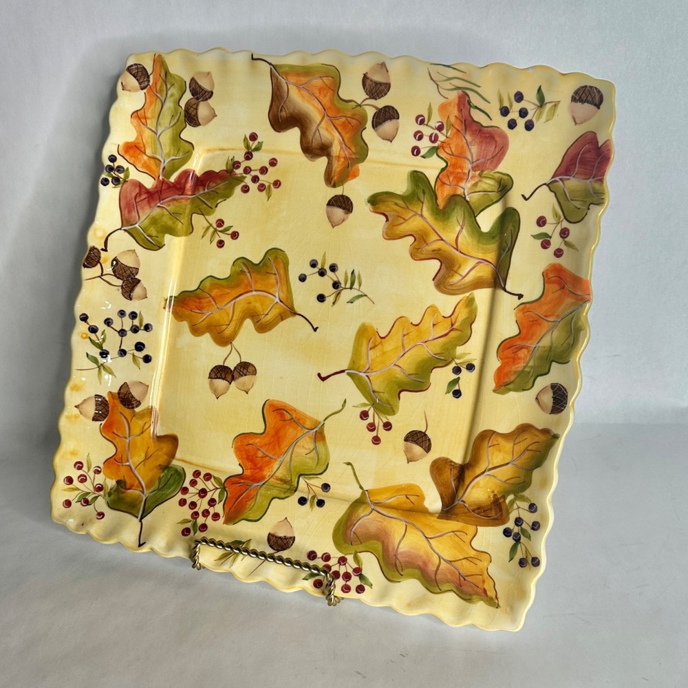 Zrike Hand Painted Autumn Leaves Acorn Square Serving Platter 11.5in